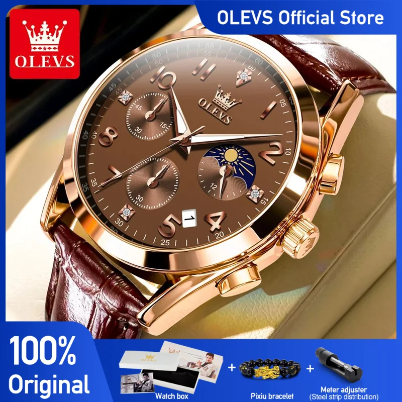 OLEVS Men's Watches Fashion Casual Original Quartz Watch for Man Waterproof Luminous Wristwatch Chronograph Moon Phase Date 2023