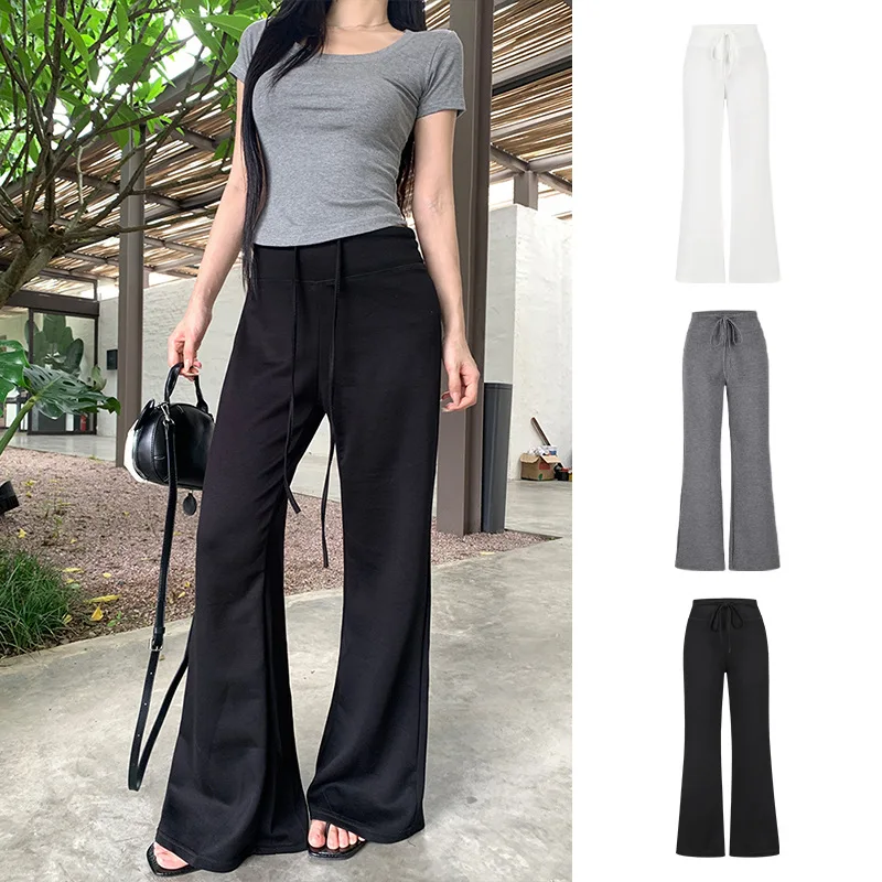 Women Solid Floor Length Pants High Waist Drawstring Straight Pant Casual Spliced Capris Sporty Lady Elastic Waist Autumn Winter