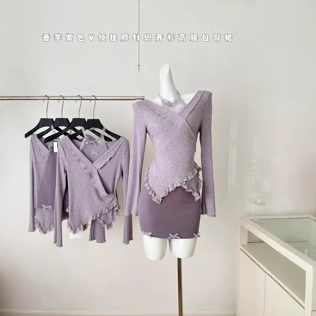 

2025 Spring Women New Pure Desire Style Pullover Slim Hanging Neck Long Seleeve Top Bow Short Skirt Set Violet Two Piece Sexy Se