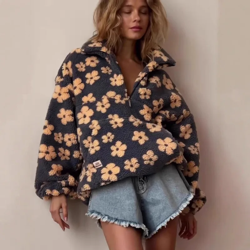 Women's Autumn Winter Tops Sweatshirts Fleece Floral Loose-fitting Zip-up Shearling-effect Elegant Comfortable Minimalist Casual
