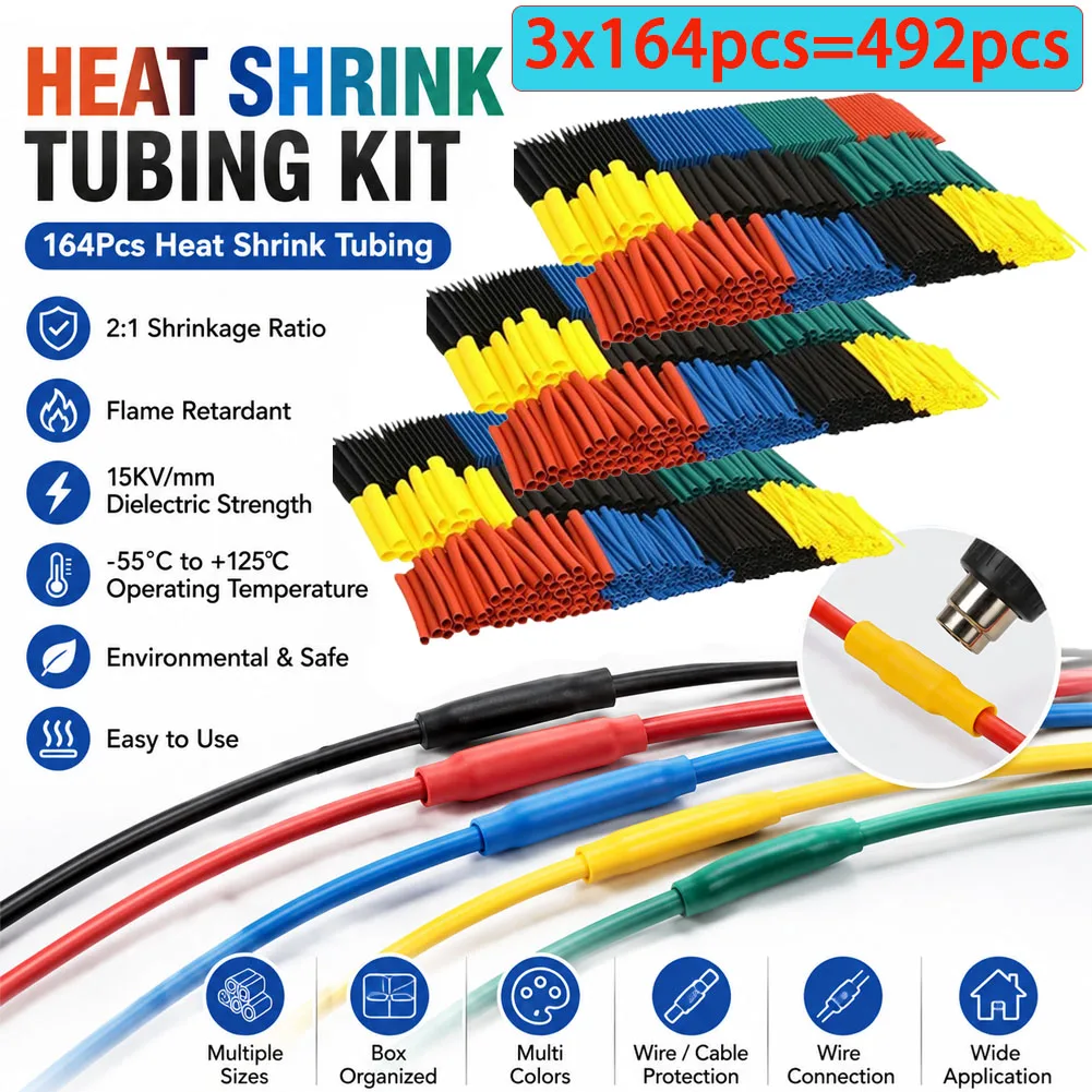 492pcs Polyolefin Shrinking Assorted Heat Shrink Tube Wire Cable Insulated Sleeving Tubing Set Waterproof Pipe Sleeve