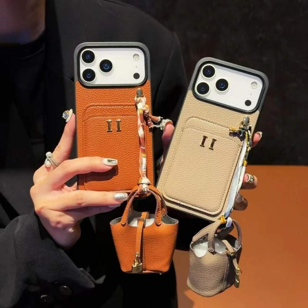 

2026 Dual-Slot Protective Case for iPhone 17 Air, 16, 15 Plus, 14 Pro Max - Leather Version with Mini Bag