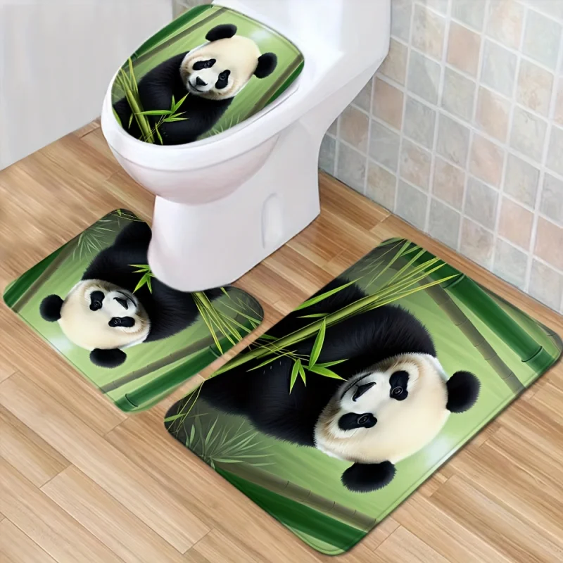 1/4PCs panda pattern shower set, waterproof bath curtain with hooks, u-, toilet cover, L-shaped mat, bathr