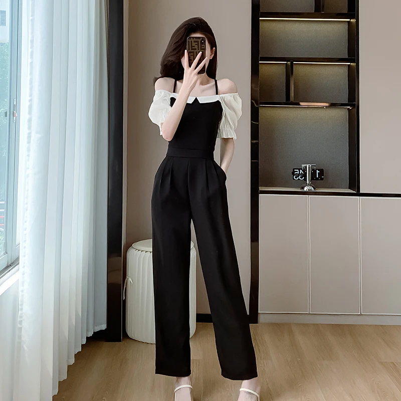 

2024 Summer New Women Contrast Color Simple and Elegant High Waist Slim Long Cold Shoulder Jumpsuit Female Overalls