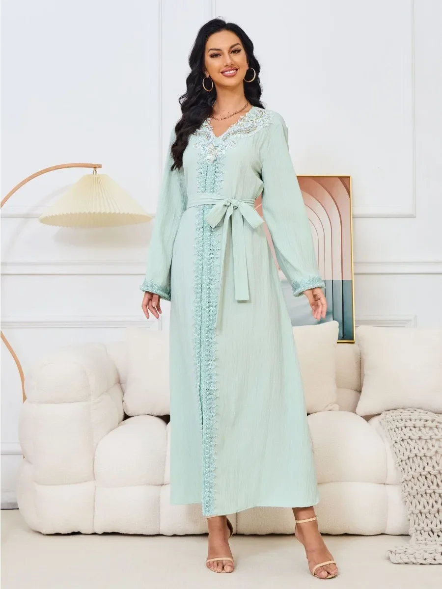 Eid decote em v vestido de miçangas para mulheres festa muçulmana abaya bordado jalabiya vestidos longos kaftan dubai ramadan vestido robe