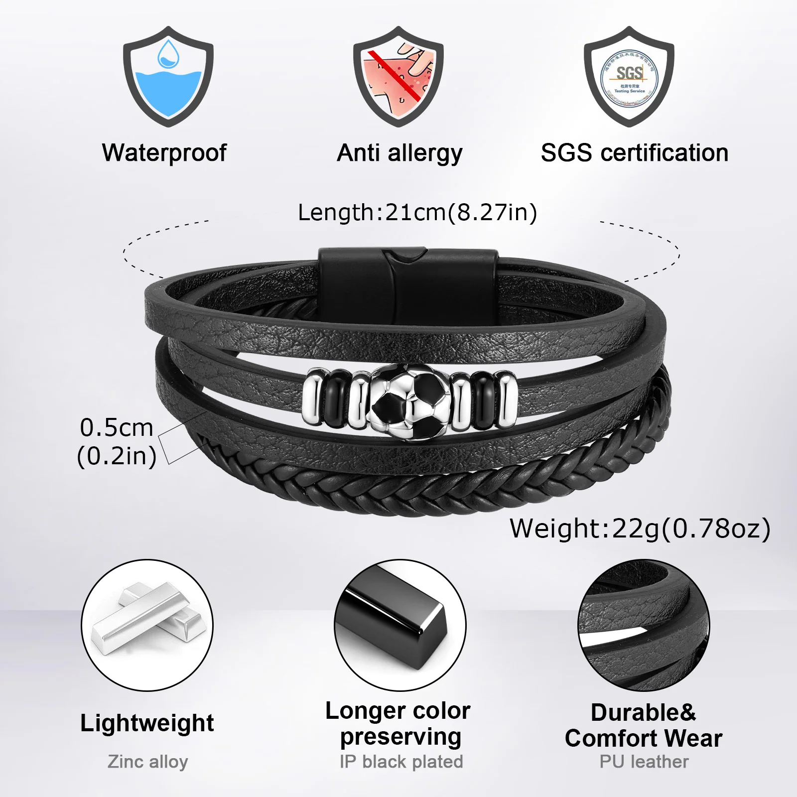 Vnox Herren Mehrschichtiges Lederarmband, Nordisches Wikinger-Kompass-Lebensbaum-Fußball-Perlenarmband, Schmuckgeschenk mit Magnetverschluss – Detail 9