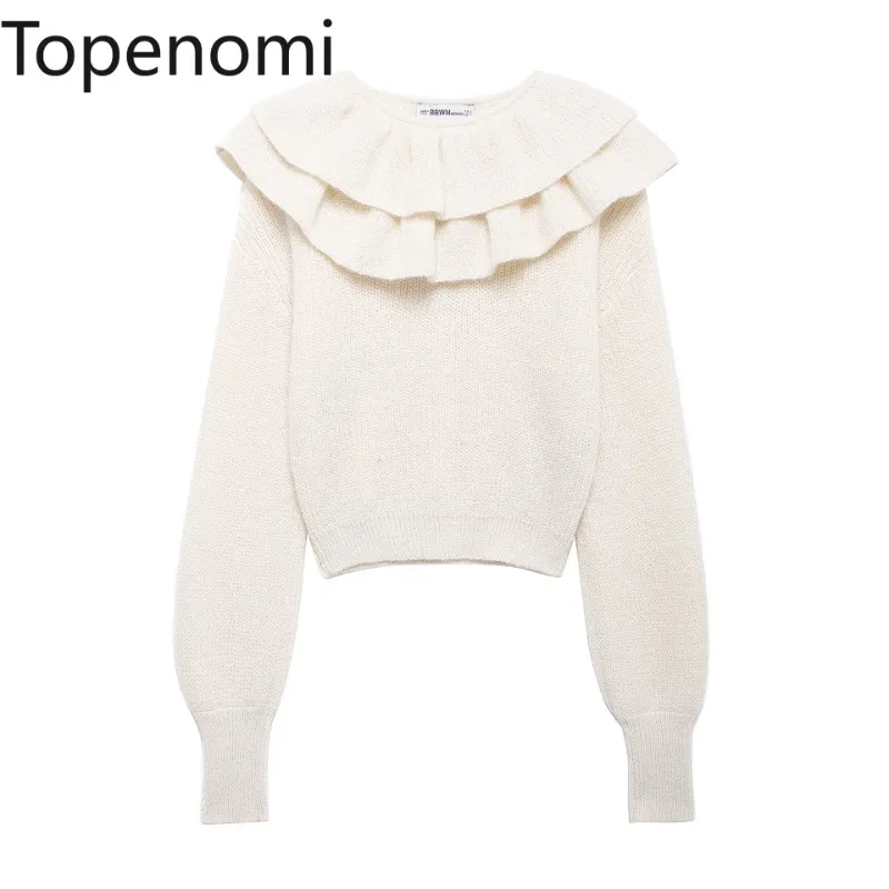 Topenomi Sweaters Women Autumn Winter Round Neck Ruffled Short Pullover American Fashion Solid Long Sleeve Knitted Tops Jumper