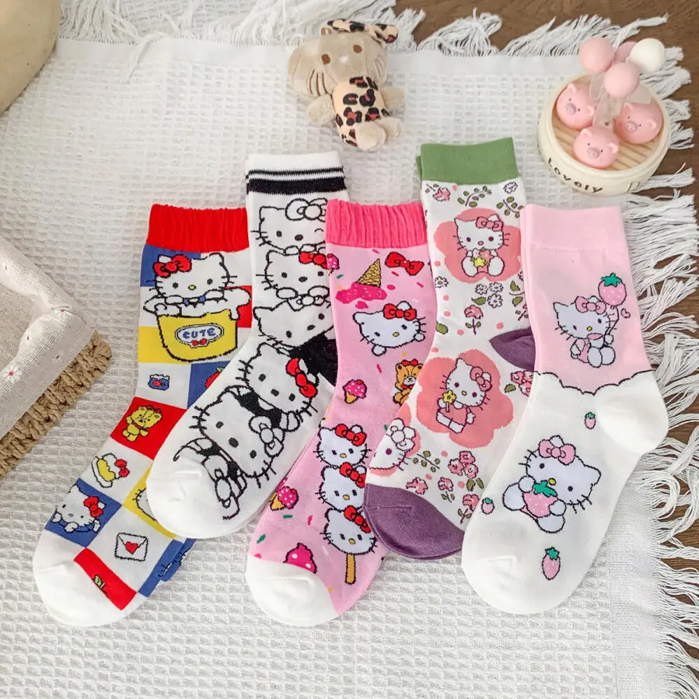 

Sanrio Hello Kitty Girls Cartoon Socks Cute Medium Calf Women's Cotton Socks Comfortable and Breathable Women's Mid-Calf Socks