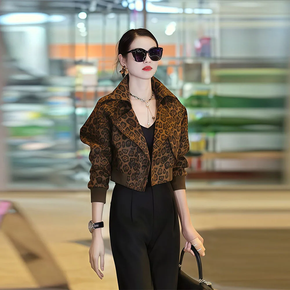 

High Street Leopard Print Jacket Women American Retro Lapel Short Coats Female Casual Zipper Long Sleeve Outwear Autumn New Coat