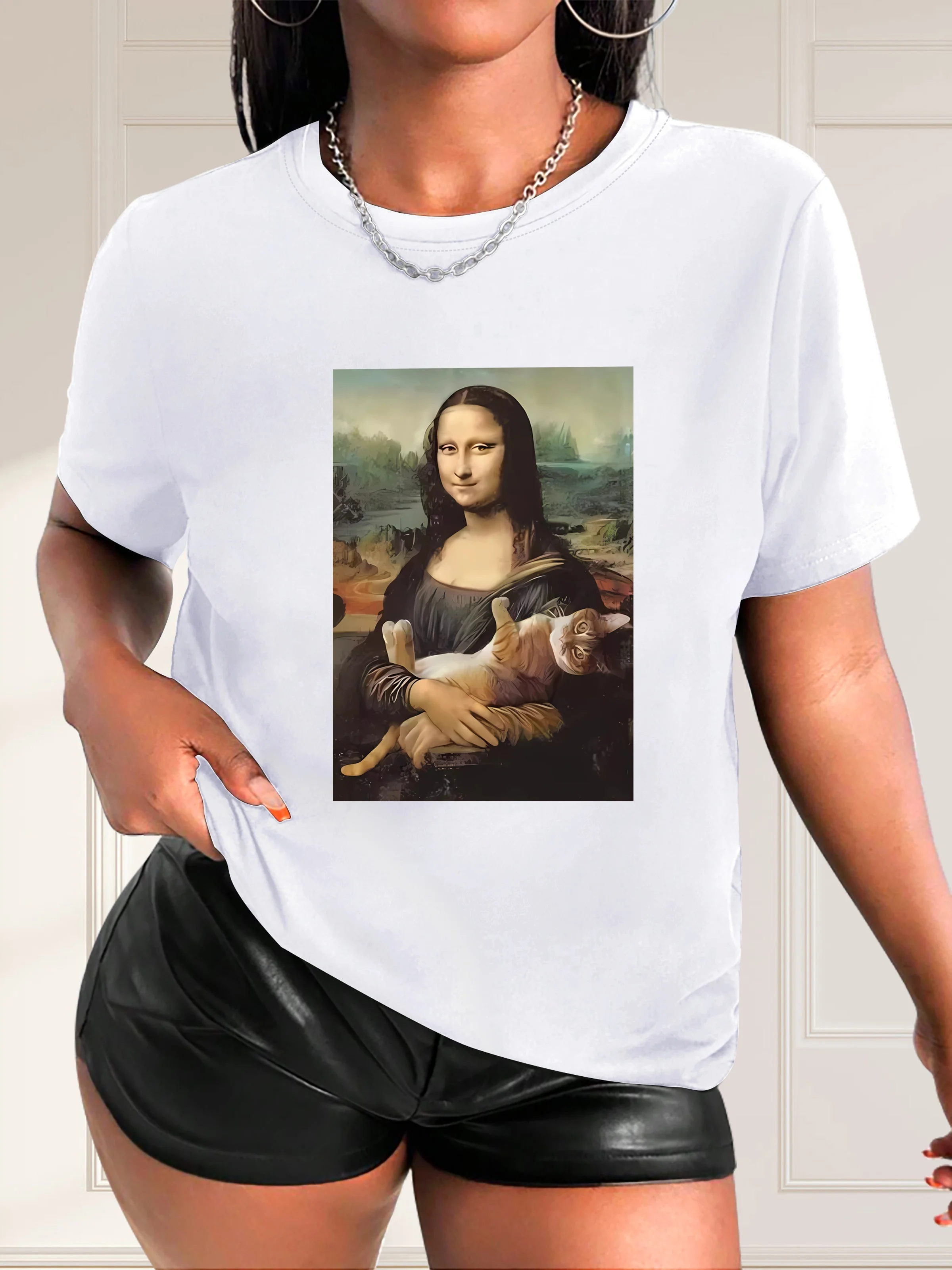 Camiseta casual de manga corta para muje- Pintura al óleo Lisa y gatito Estampado artístico Cuello redondo negro Mujer Harajuku