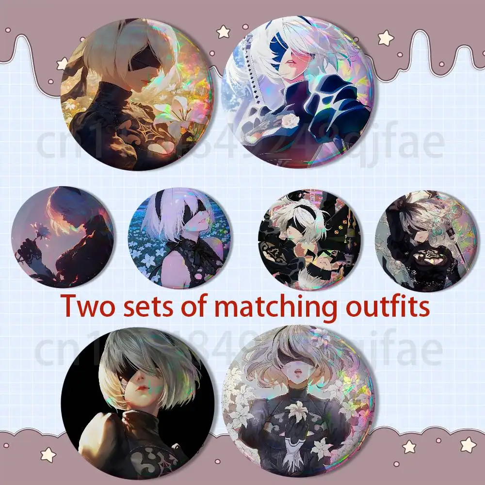 Silver hair YoRHa 2B NieR 2 piece set Pins Creativity Printed Pictures Text Metal Lapel Badges Brooches Jewelry Gift