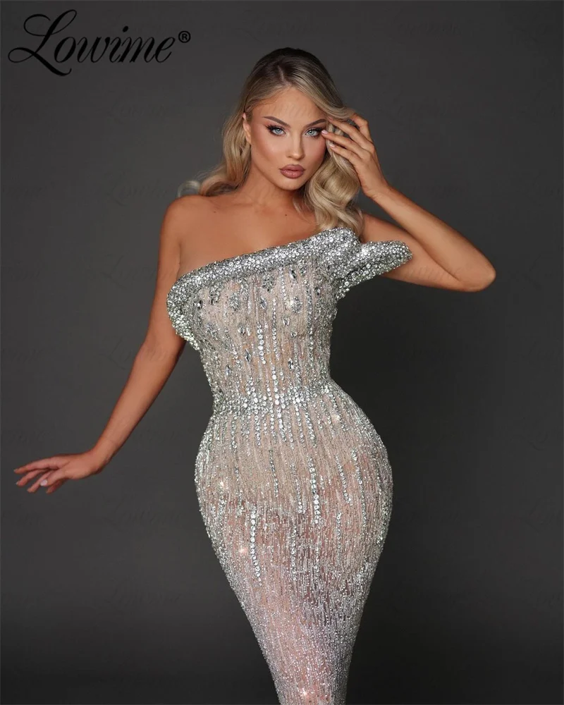 Couture 2024 Silver Prom Dress Heavy Beads Strapless Mermaid Party Gowns For Wedding Aso Ebi Birthday Engagement Evening Dresses