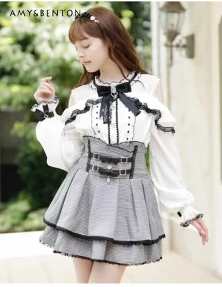 Sweet Cute Girls Short Sleeve Tops Japanese Style Mine Mass-Produced 2023 Summer Kawaii Slimming Lace Off-Shoulder Shirt