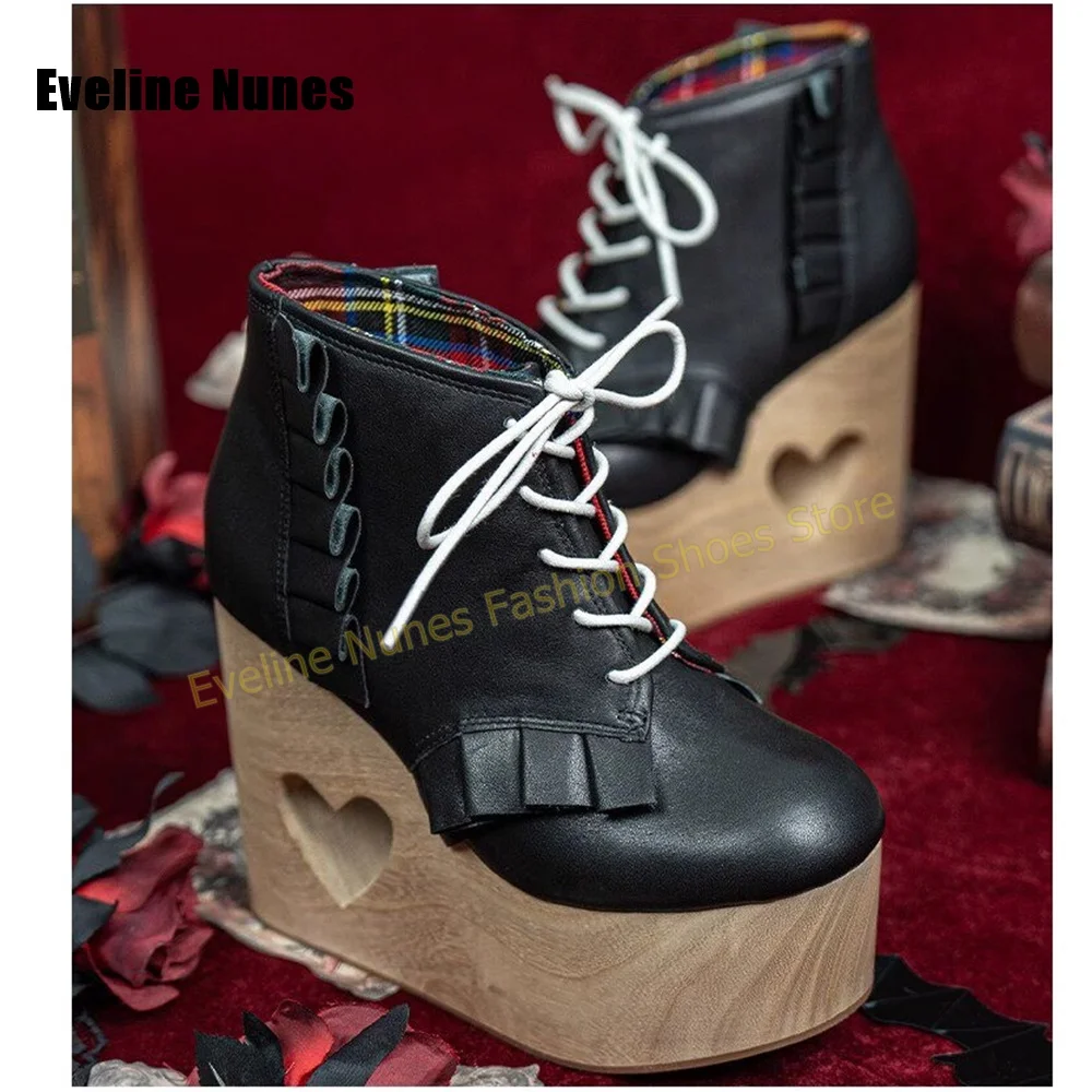 Y2K Faux Wood Sole Heart Cutout Sandals Round Toe Lace Up Ruffle Trim Lolita Punk Casual Women Ankle Boots Street Style 2026