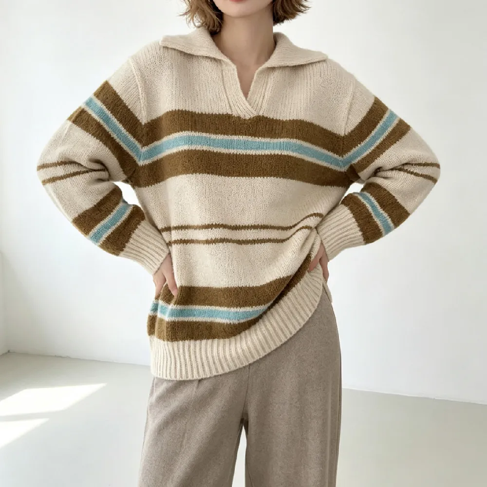 Autumn Winter Women Preppy Lapel V Collar Knitted Contrast Color Stripes Sweater Long Sleeve Loose Pullover Jumper Knitwear