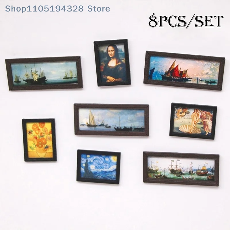 [YA]8Pcs/Set 1:12 Dollhouse Miniature Vintage Oil Painting Mural Photos Wall Picture Scene Decor Doll House Accessories