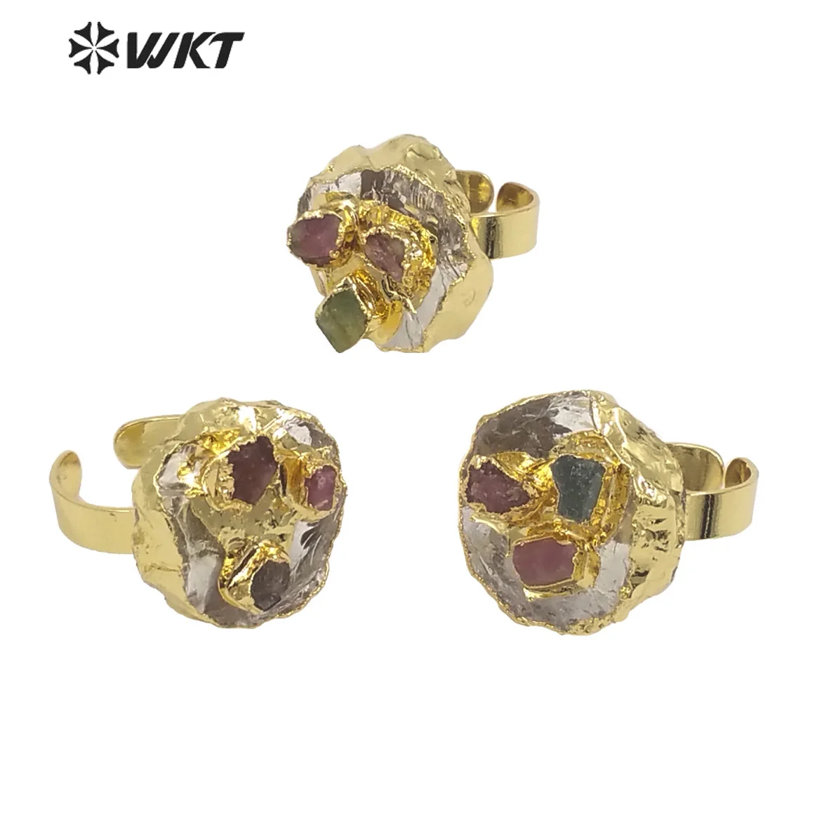 

WT-R400 WKT Hot Sale Natural Stone Rings Spherical Raw Crystal Quartz Colorful Tourmaline Ring Lady Jewelry Fashion Open Ring