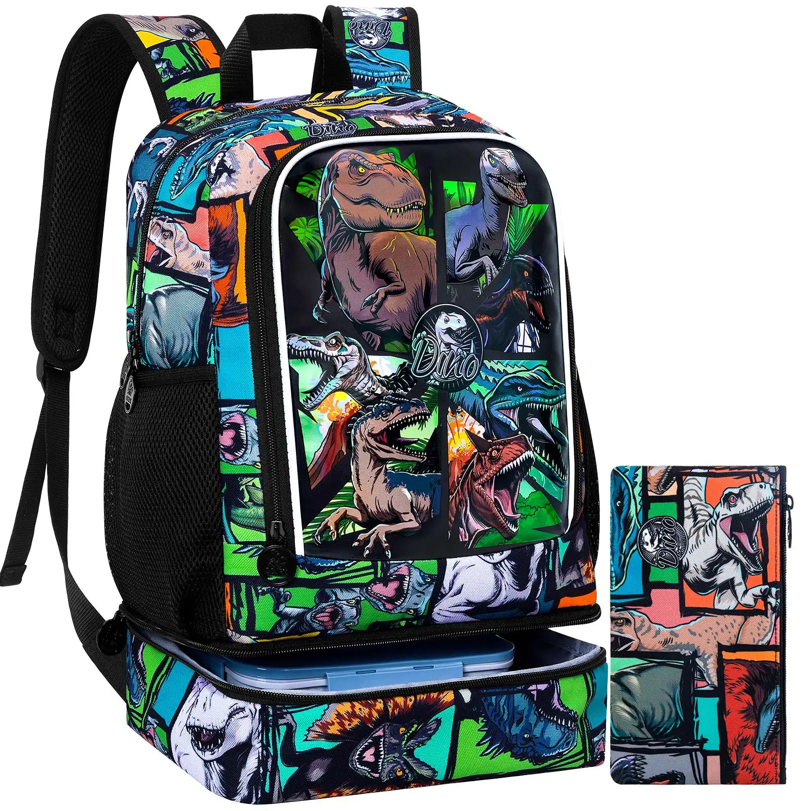 2PCS 2-In-1 Backpack Set, Eight Grid Dinosaur Large Capacity Lightweight Set, One Backpack,One Pencil Case