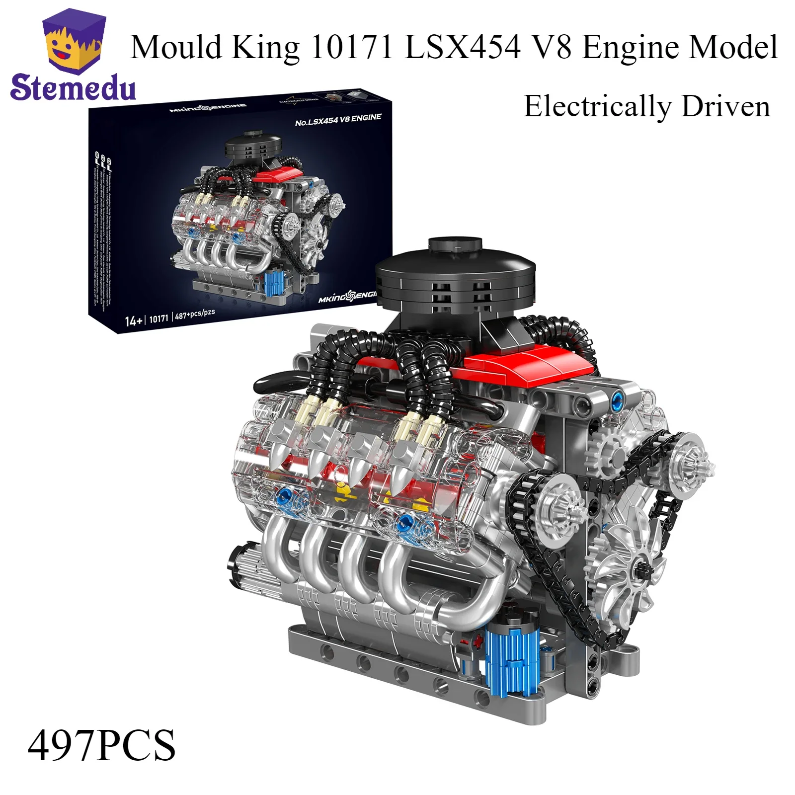 Mould King 10171 LSX454 V8 Engine Motorized Simulation Model Electrically Drive Building Blocks Technical Car Parts Toys Gift