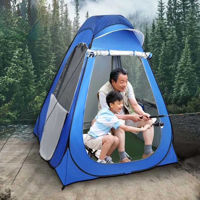 2人用氷釣りテント防蚊防雨日焼け止め両開きドア2窓ポップアップクイックオープン150-150センチメートル迷彩-ブルー