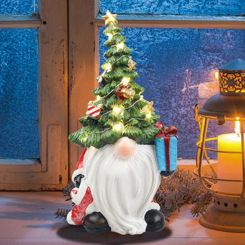 Resin Lighted Christmas Tree Figurine Battery Powered Mini LED Desktop Xmas Ornament for Shelf Table Home Holiday Decor Gift