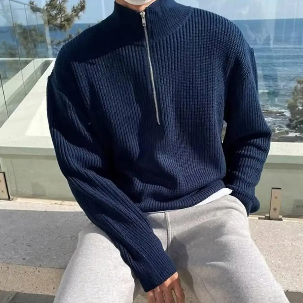 Men Fall Winter Sweater Half Zipper Stand Collar Elastic Knitted Sweater Pullover Loose Casual Work School Sweater