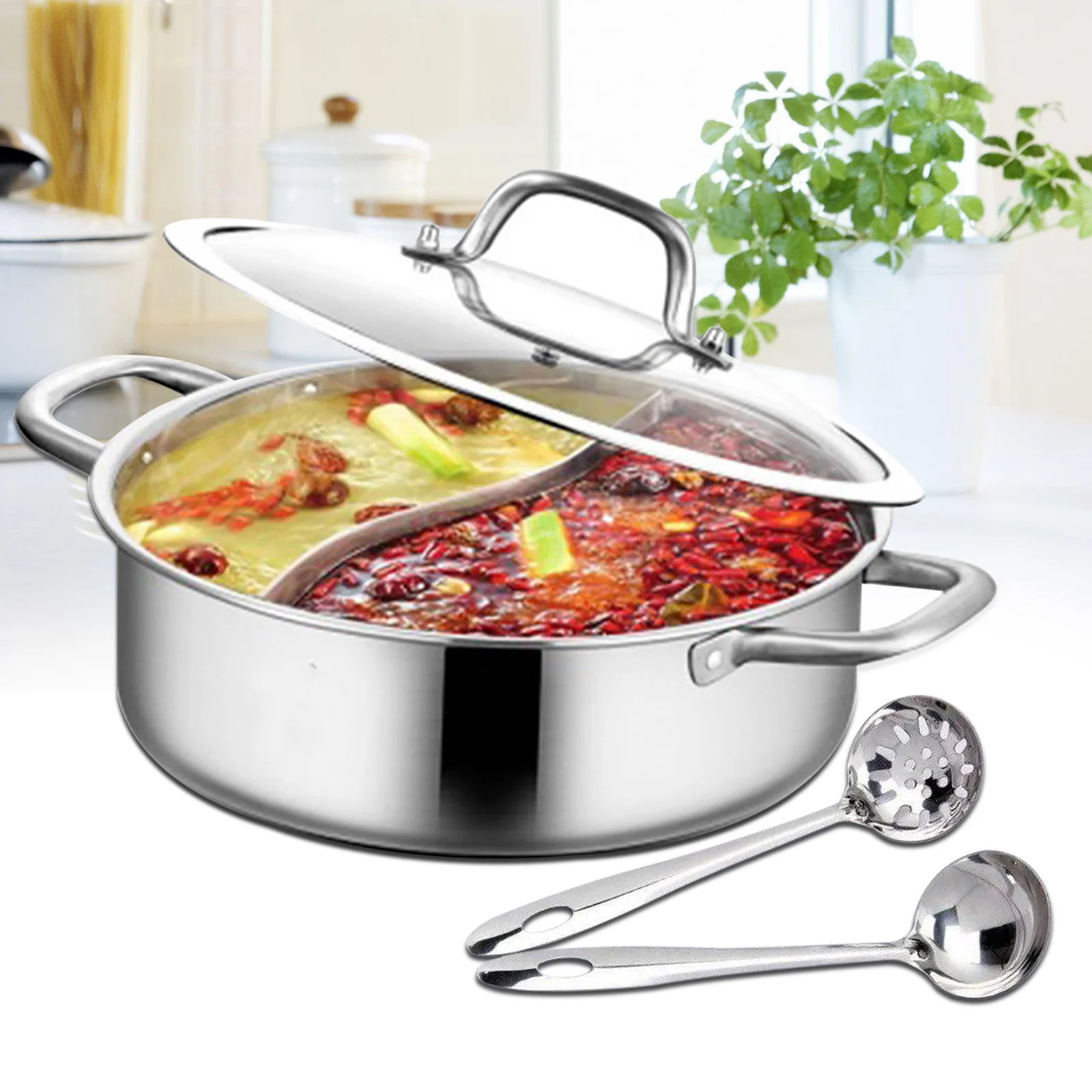 

304 пищевая нержавеющая сталь Shabu горячий горшок с делителем и крышкой для индукционной плиты газовая плита двухсторонний суп
