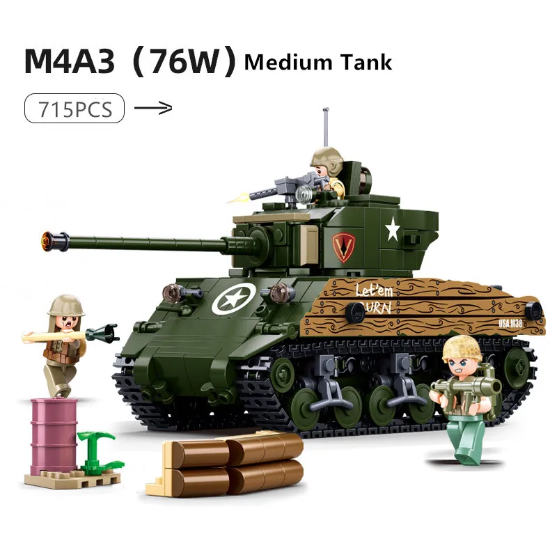 715PCS Army  Sherman M4A3 76W Medium Tank Model Building Block MBT Military DIY Creative Educational Kids Toys Christmas Gifts