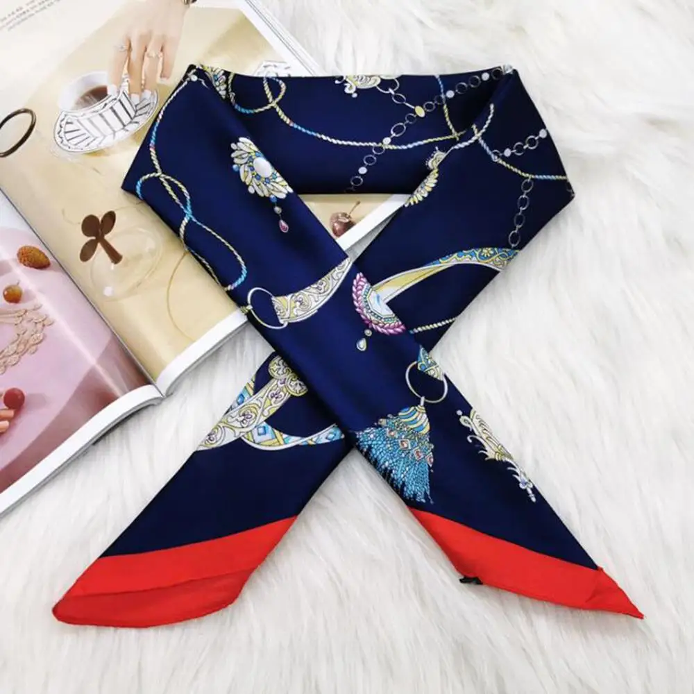 

2025 New Women Print Narrow Scarves Striped Flower Ribbon Scarf Fashion Bag Handle Wraps Silk Feeling Hair Band Neck Tie