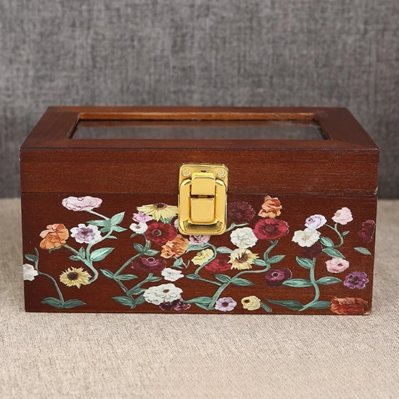 Wooden Jewelry Box Bracelet Necklace Jewelry Storage Boxes Earrings Rings Accessory Organizer with Lock Transparent Cover Case