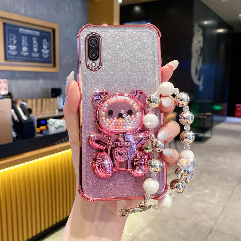 Pearl Strap Glitter Lazy Bear Phone Holder Case For Samsung Galaxy A02 A03 Core M02 A02s A03s A04E A04 A05 A05S A06 F04 M04 Back
