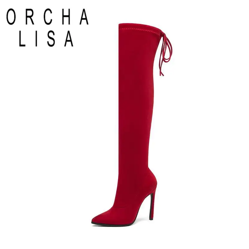 

ORCHA LISA Women Over Knee High Boots Pointed Toe Flock Thin Heels 11.5cm Lace Slip-on Big Size 34-43 Female Shoes Fur S4079