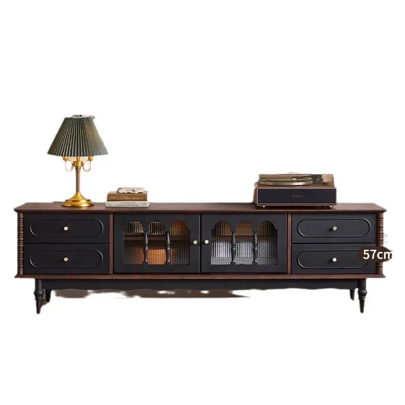 

French retro solid wood coffee table TV cabinet black American living room floor locker