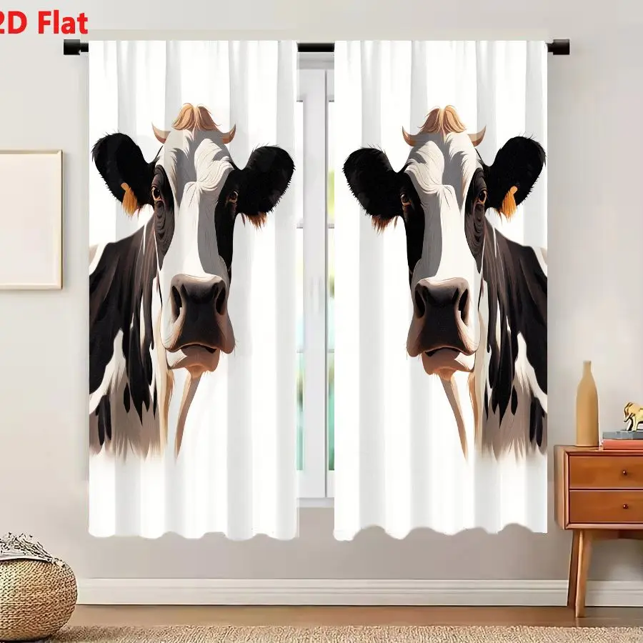 2Pcs Curtains 2D Flat Two Holstein Cow Heads Side By Side Black And White Digital Illustration Window Drapes for Bedroom Room De