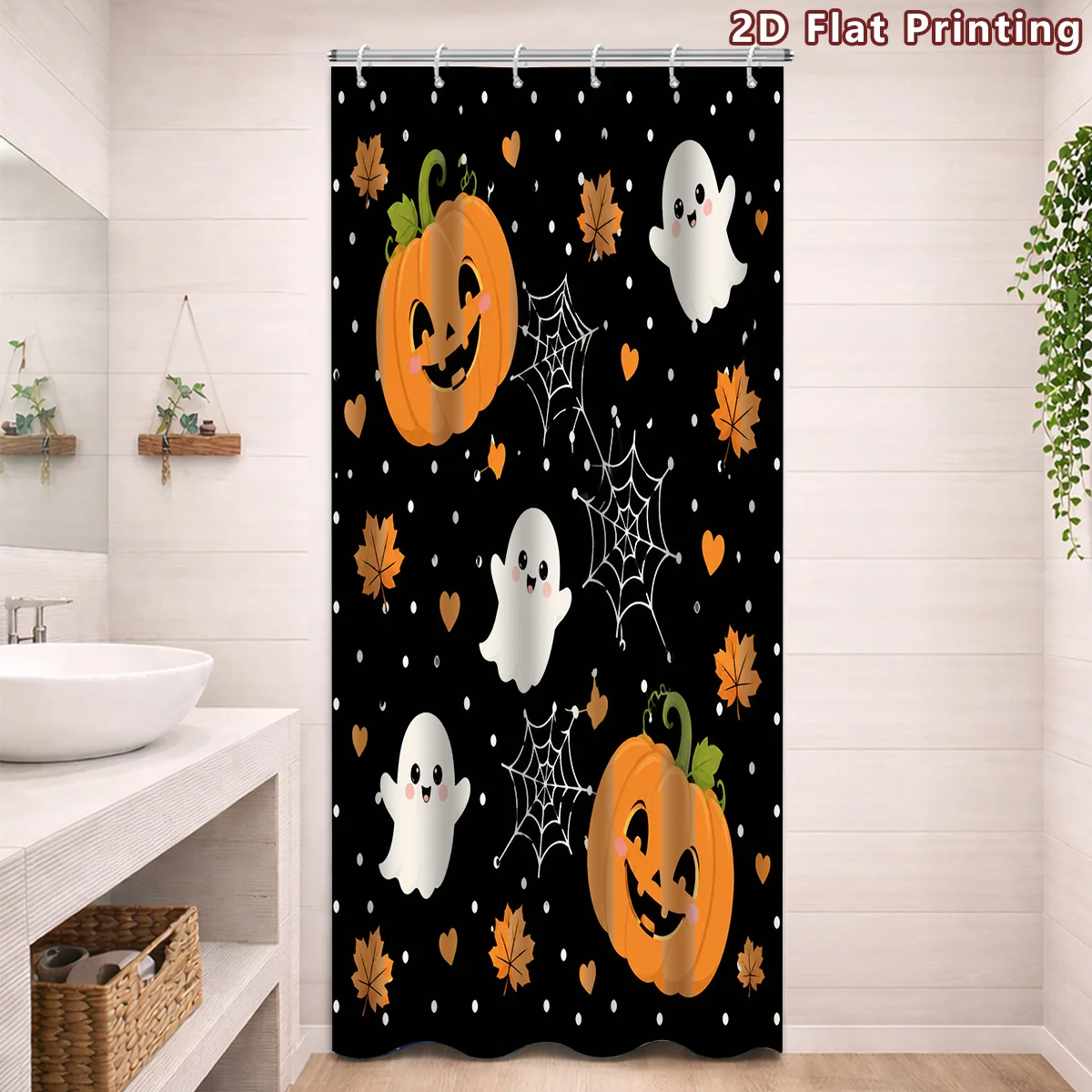 Cute Ghost Pumpkin Halloween Shower Curtain, Spiderweb & Leaf Print Waterproof Bathroom Decor, Black Background Home Bath Screen