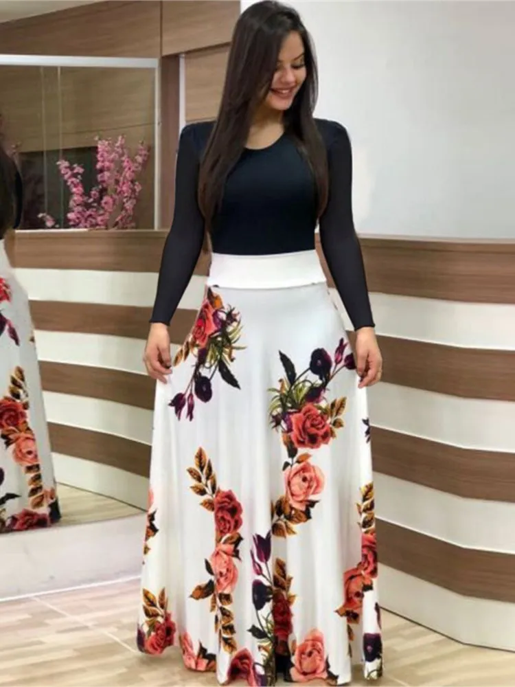 

Autumn Women's A-line Long Skirt Fashion Flower Print Color Blocked Long Sleeve Dress Casual Round Neck Lady Commuting Dresses