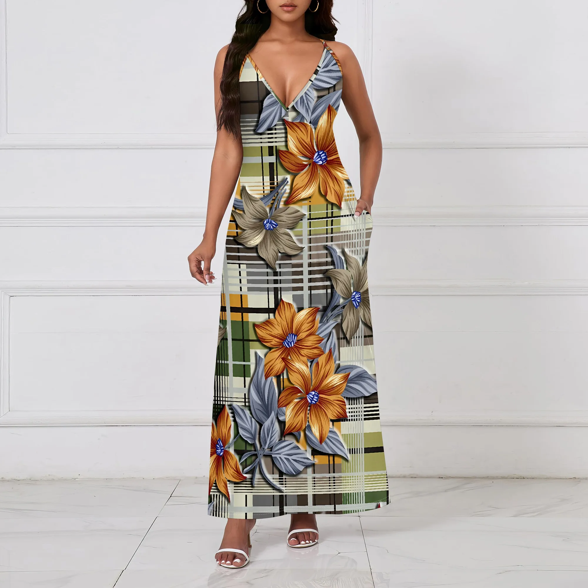 

Boho Floral Plaid Print V Neck Maxi Dress for Women Summer Vacation Holiday Style