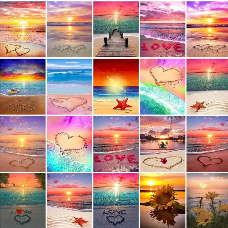 GATYZTORY Full Square Diamond Painting Sunset Seaside 5D DIY Diamond Embroidery Mosaic Landscape Art Kits Home Decoration
