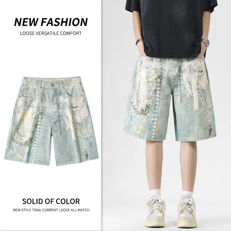 Summer New Lace Pearl Chain Print Men's Jeans Loose Casual Splatterpaint Printed Wide Leg Cropped Knee Lengt Pants view 5