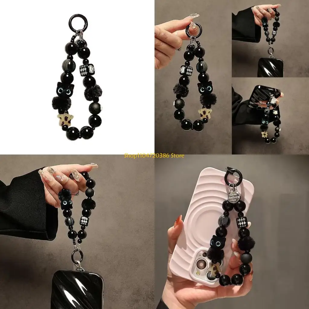 

K0EA Регулируемый ремешок для телефона на запястье с плюшевыми бусинами в виде котенка и встроенным функционалом автомобильного