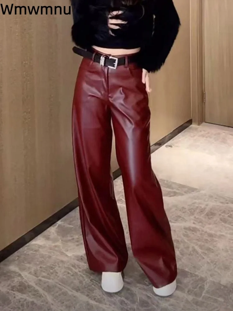 

Винтажные брюки из искусственной кожи с поясом, прямые мешковатые брюки с высокой талией, женские повседневные широкие свободные корейские модные брюки