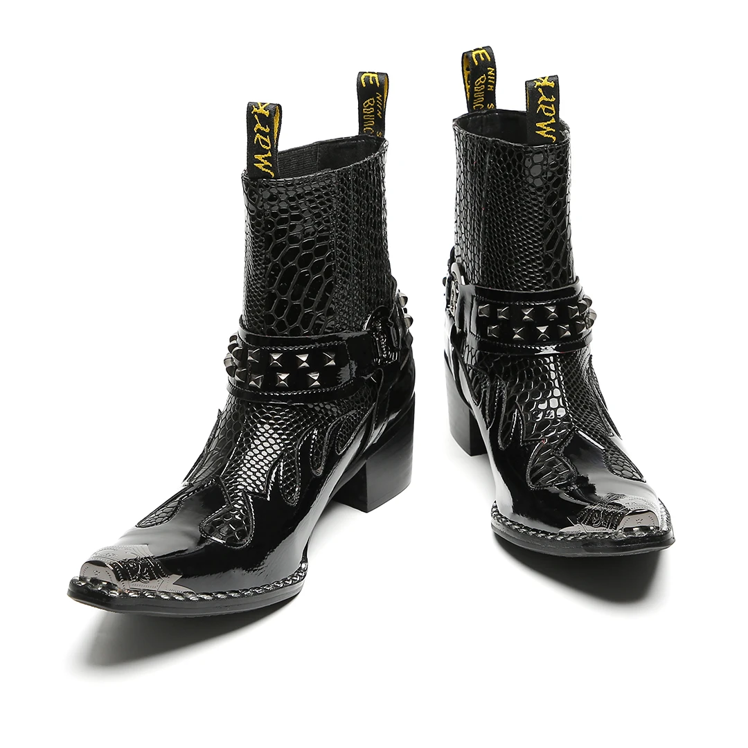 Schwarze Herren-Stiefeletten aus Schlangenleder mit Nietenbesatz, Blockabsatz, auffälliges Design, modische Schuhe für Bars, Bühnen, Streetwear und besondere Anlässe. – Detail 6