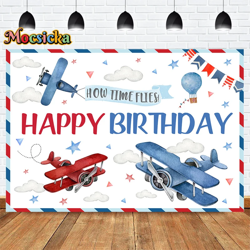 Mocsicka Boys Happy Birthday Party Photography Backdrop Aeroplane White Cloud Background Baby Show Cake Smash Photo Banner Photo