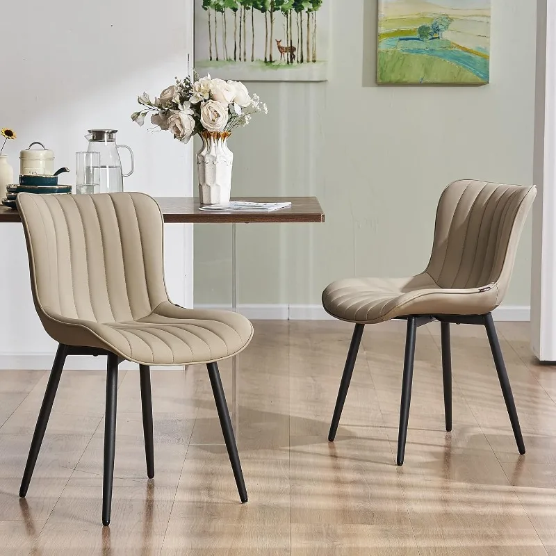 Dining Chairs Set of 2Upholstered Mid Century Modern Kitchen Chairs Armless Faux Leather Accent Side ChairPadded BackMetal Legs