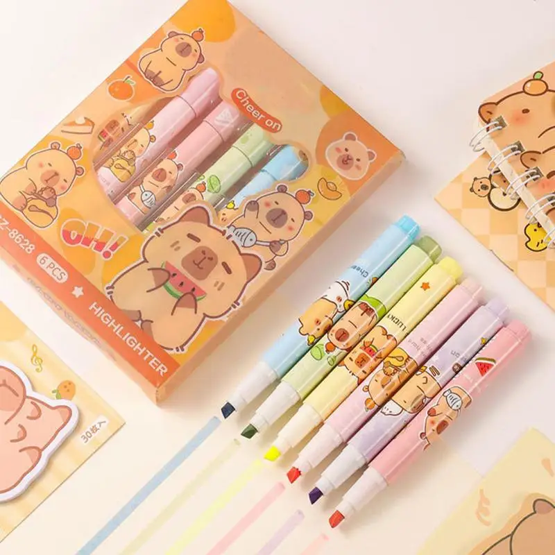 قلم تحديد كارتوني للأطفال، مجموعة أقلام تحديد كابيبارا الجمالية مكونة من 6 أطراف إزميل، ألوان متنوعة، مستلزمات مدرسية