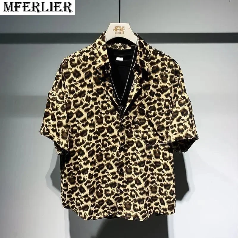 

summer men leopard shirt short sleeve casual shirts pockets vintage oose fashion high street shirt thin mferlier