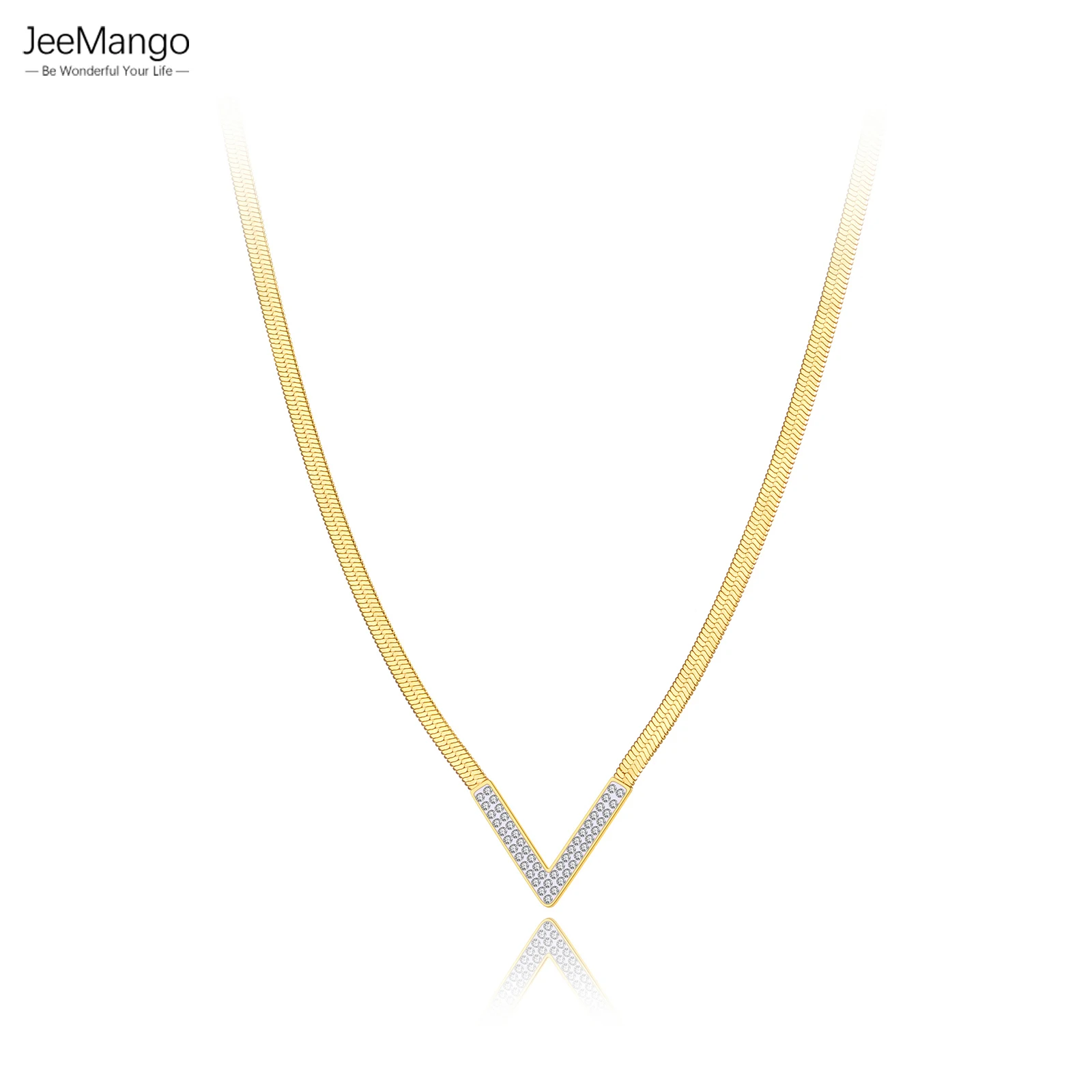 

JeeMango 18K Gold Plated Stainless Steel Rhinestone V Shape Snake Chain Necklace Jewelry For Women Girl Collier de femme JN22128