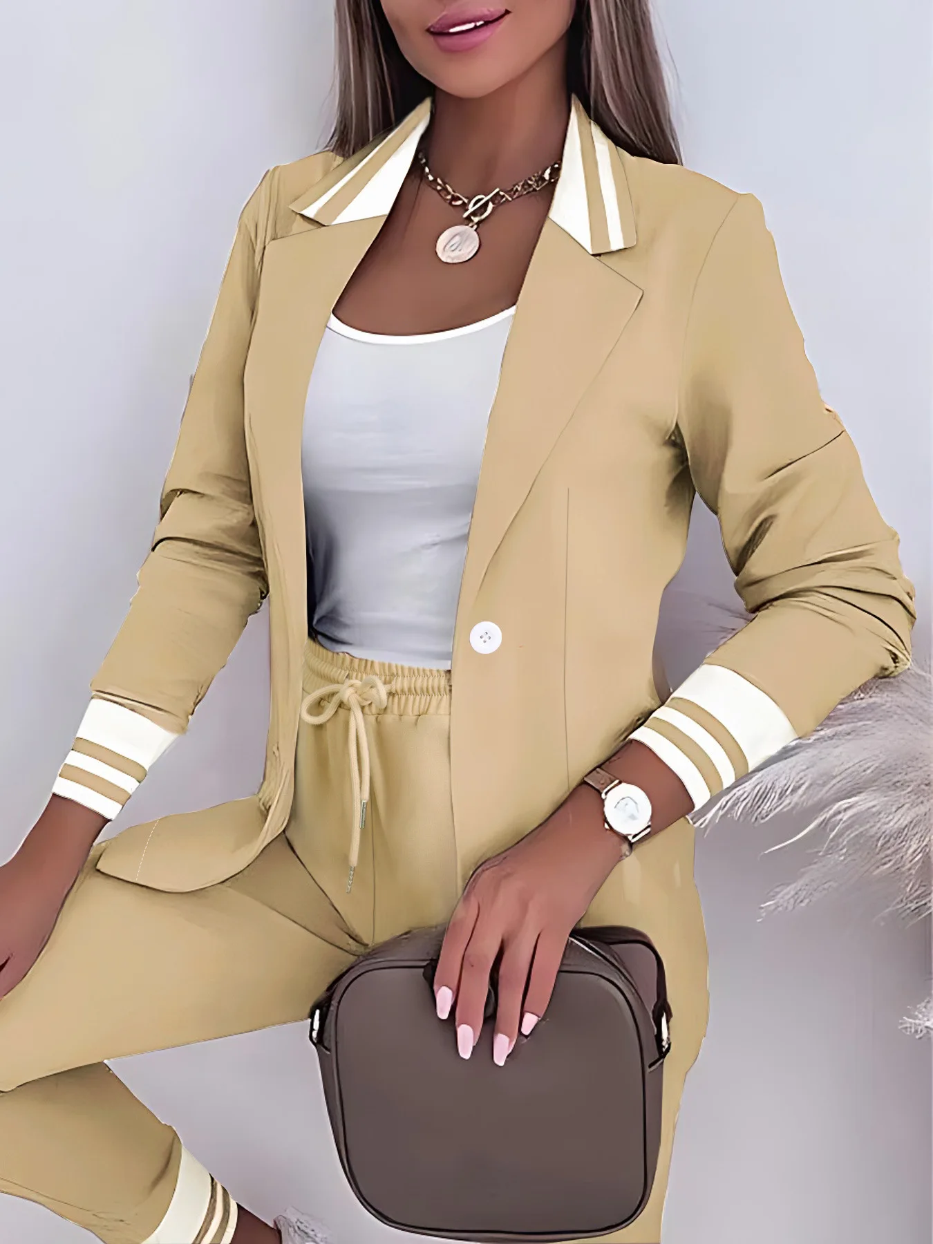 Two Piece Set Women 2024 New Fashionable Solid Color Long Sleeved Suit Jacket with Drawstring Splicing Casual Pants Outifits