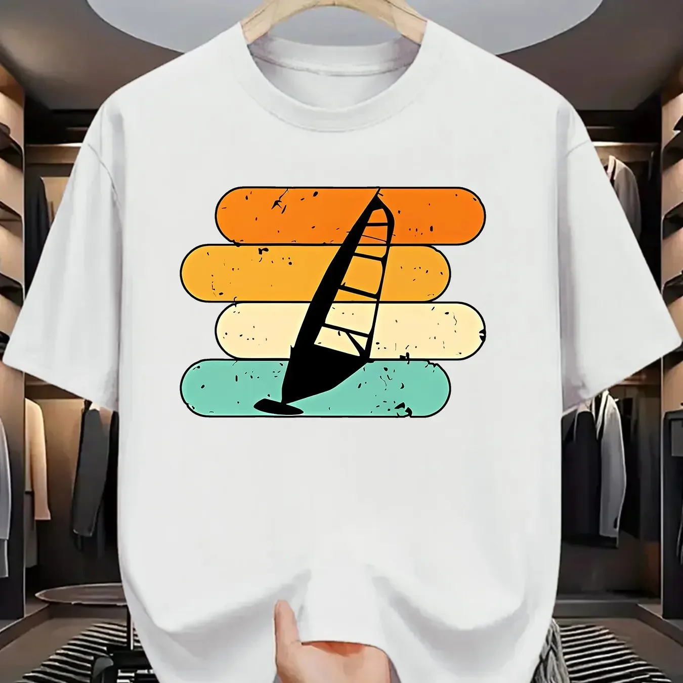 Men's Summer Fashion Graphic Tee Casual Crew Neck Short Sleeve T-Shirt with Vibrant Blue Sailboat Print Men Clothing Comfortable