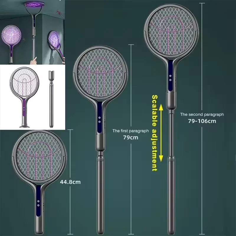 NEW USB Electric Fly Swatter 2 in 1 Extendable Mosquito Swatter Bug Zapper with Rotating Head Fly Killer and Mosquito Trap Light